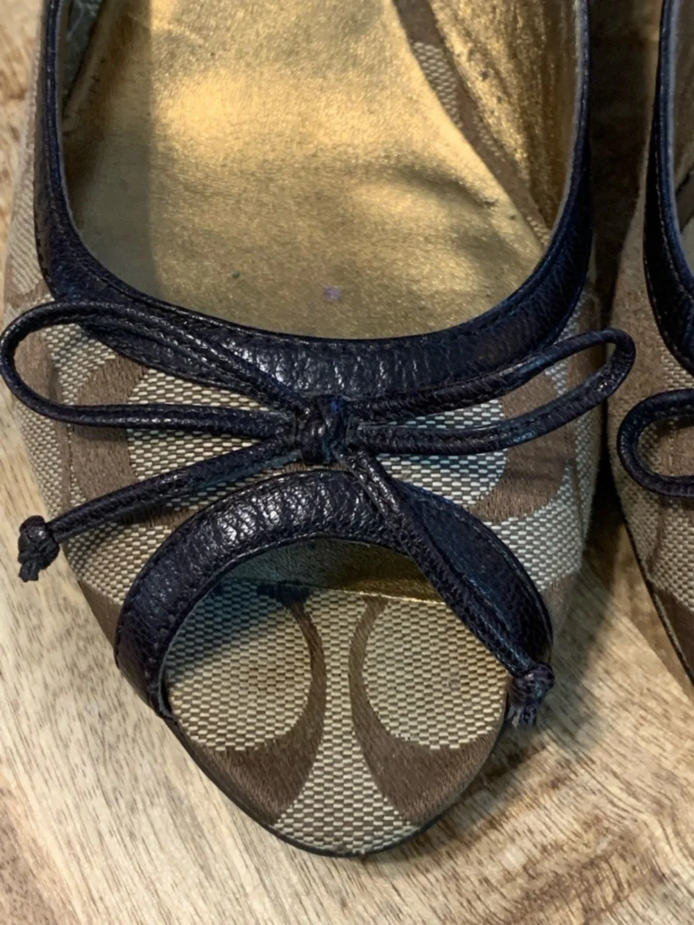 Coach Brown Signature Canvas Peep-Toe Wedge Heels with Dark Trim - Picture 4 of 7